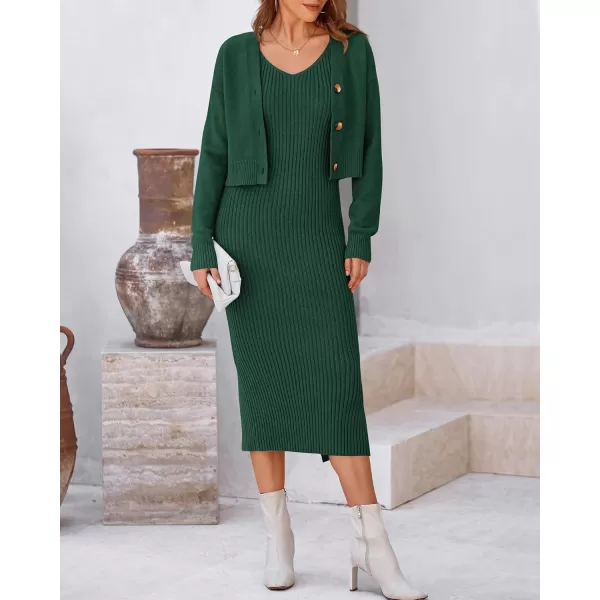 BTFBM Women Fall Knit Sweater Dress Set Bodycon Slit Midi Dresses Button Down Long Sleeve Cropped Cardigan 2 Piece SetsDark Green
