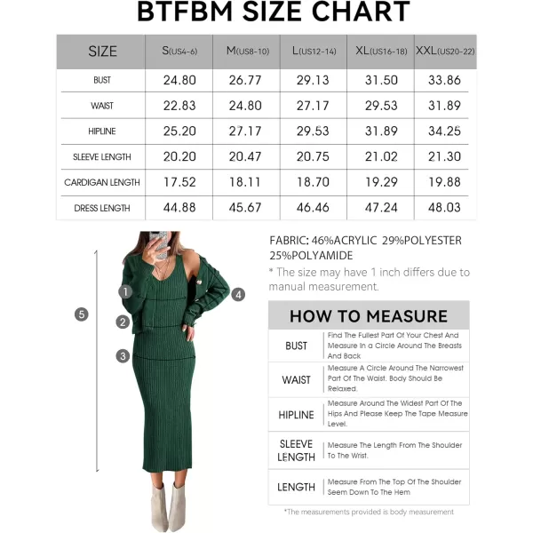 BTFBM Women Fall Knit Sweater Dress Set Bodycon Slit Midi Dresses Button Down Long Sleeve Cropped Cardigan 2 Piece SetsDark Green