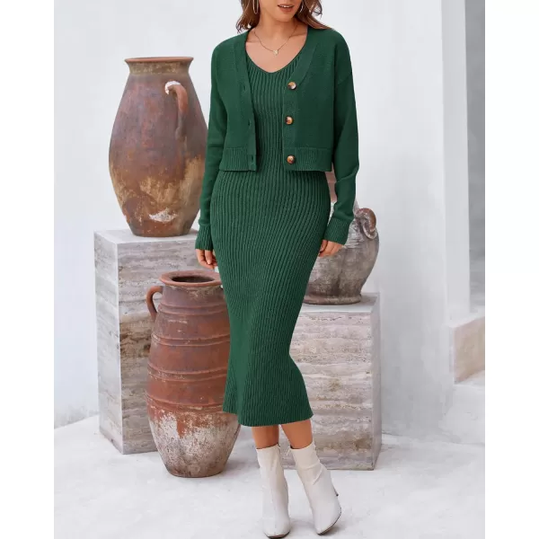 BTFBM Women Fall Knit Sweater Dress Set Bodycon Slit Midi Dresses Button Down Long Sleeve Cropped Cardigan 2 Piece SetsDark Green