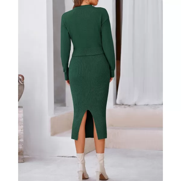 BTFBM Women Fall Knit Sweater Dress Set Bodycon Slit Midi Dresses Button Down Long Sleeve Cropped Cardigan 2 Piece SetsDark Green