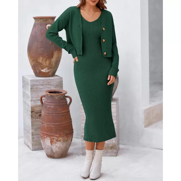 BTFBM Women Fall Knit Sweater Dress Set Bodycon Slit Midi Dresses Button Down Long Sleeve Cropped Cardigan 2 Piece SetsDark Green