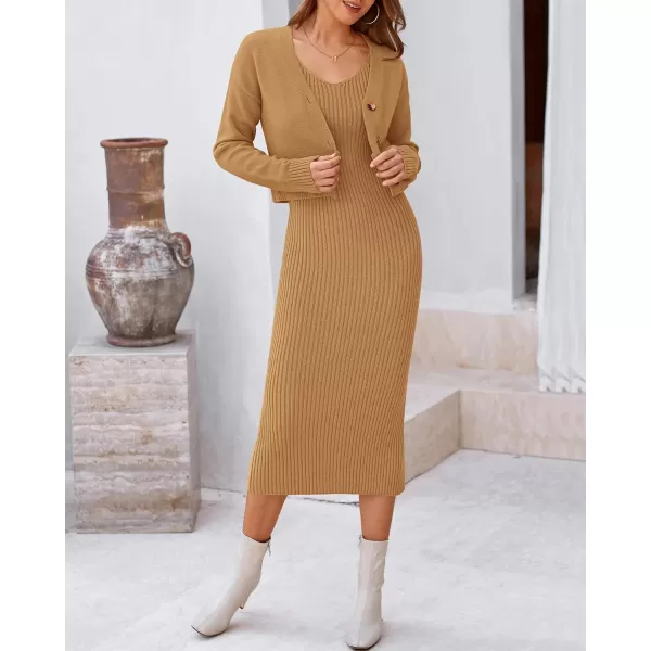BTFBM Women Fall Knit Sweater Dress Set Bodycon Slit Midi Dresses Button Down Long Sleeve Cropped Cardigan 2 Piece SetsKhaki