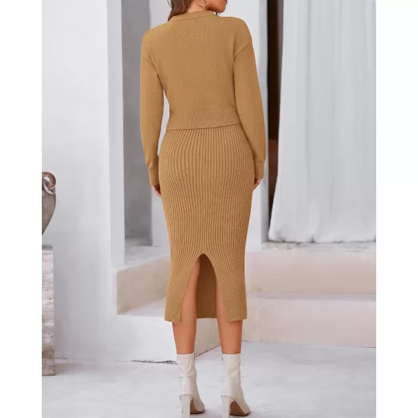 BTFBM Women Fall Knit Sweater Dress Set Bodycon Slit Midi Dresses Button Down Long Sleeve Cropped Cardigan 2 Piece SetsKhaki