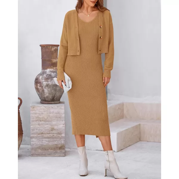 BTFBM Women Fall Knit Sweater Dress Set Bodycon Slit Midi Dresses Button Down Long Sleeve Cropped Cardigan 2 Piece SetsKhaki