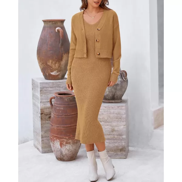 BTFBM Women Fall Knit Sweater Dress Set Bodycon Slit Midi Dresses Button Down Long Sleeve Cropped Cardigan 2 Piece SetsKhaki