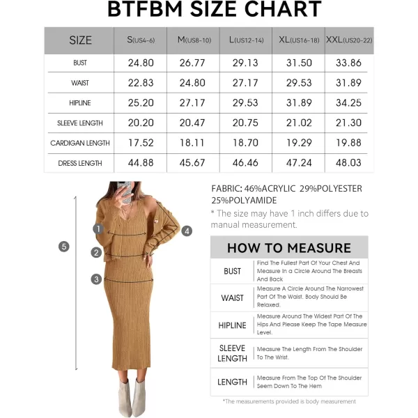 BTFBM Women Fall Knit Sweater Dress Set Bodycon Slit Midi Dresses Button Down Long Sleeve Cropped Cardigan 2 Piece SetsKhaki