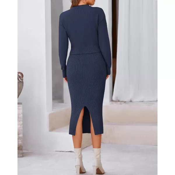 BTFBM Women Fall Knit Sweater Dress Set Bodycon Slit Midi Dresses Button Down Long Sleeve Cropped Cardigan 2 Piece SetsNavy