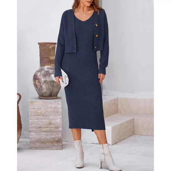 BTFBM Women Fall Knit Sweater Dress Set Bodycon Slit Midi Dresses Button Down Long Sleeve Cropped Cardigan 2 Piece SetsNavy