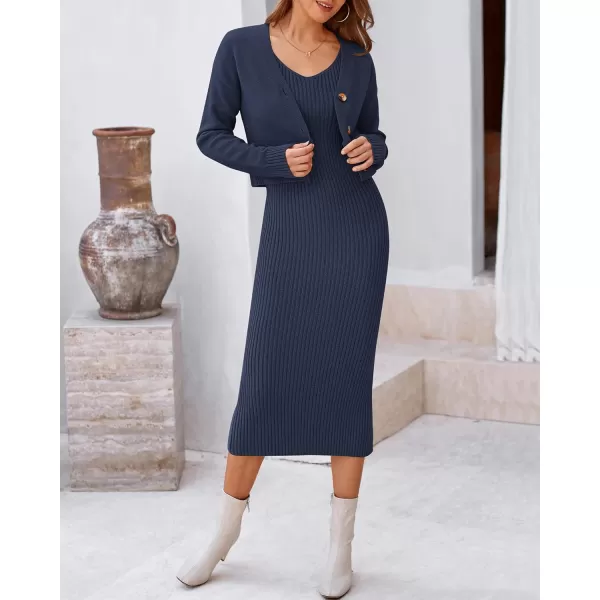 BTFBM Women Fall Knit Sweater Dress Set Bodycon Slit Midi Dresses Button Down Long Sleeve Cropped Cardigan 2 Piece SetsNavy