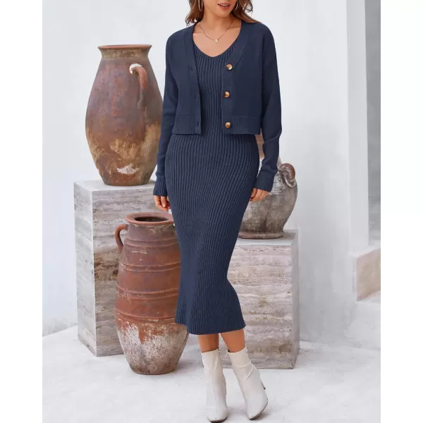 BTFBM Women Fall Knit Sweater Dress Set Bodycon Slit Midi Dresses Button Down Long Sleeve Cropped Cardigan 2 Piece SetsNavy