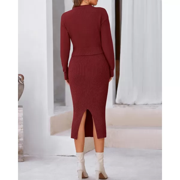 BTFBM Women Fall Knit Sweater Dress Set Bodycon Slit Midi Dresses Button Down Long Sleeve Cropped Cardigan 2 Piece SetsWine Red