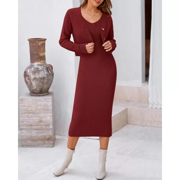 BTFBM Women Fall Knit Sweater Dress Set Bodycon Slit Midi Dresses Button Down Long Sleeve Cropped Cardigan 2 Piece SetsWine Red