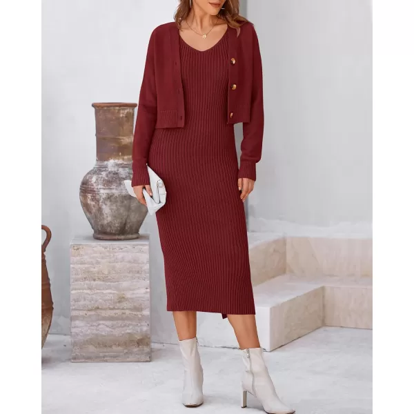 BTFBM Women Fall Knit Sweater Dress Set Bodycon Slit Midi Dresses Button Down Long Sleeve Cropped Cardigan 2 Piece SetsWine Red