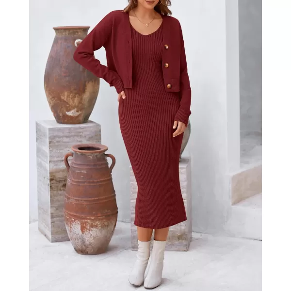 BTFBM Women Fall Knit Sweater Dress Set Bodycon Slit Midi Dresses Button Down Long Sleeve Cropped Cardigan 2 Piece SetsWine Red