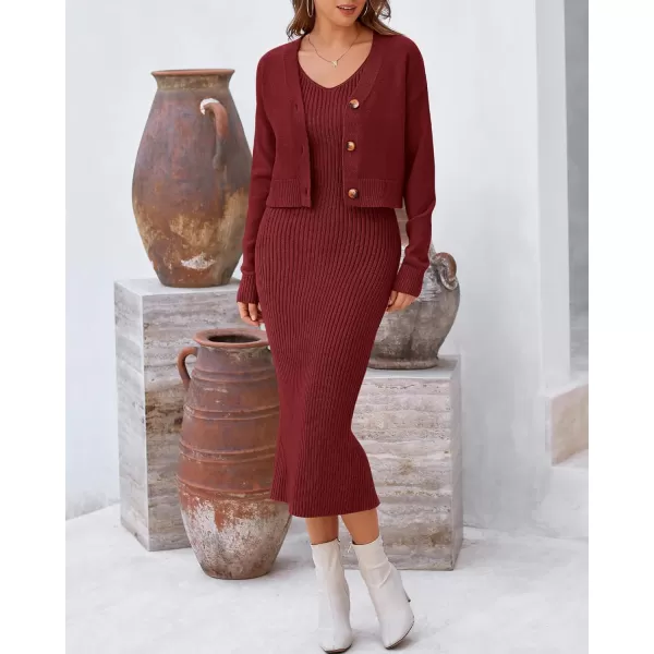 BTFBM Women Fall Knit Sweater Dress Set Bodycon Slit Midi Dresses Button Down Long Sleeve Cropped Cardigan 2 Piece SetsWine Red