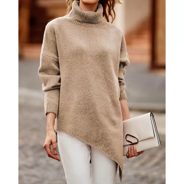 BTFBM Women Long Sleeve Turtleneck Knit Sweater Asymmetric Hem Oversized Fall Winter Sweaters Casual Pullover JumperSolid Apricot