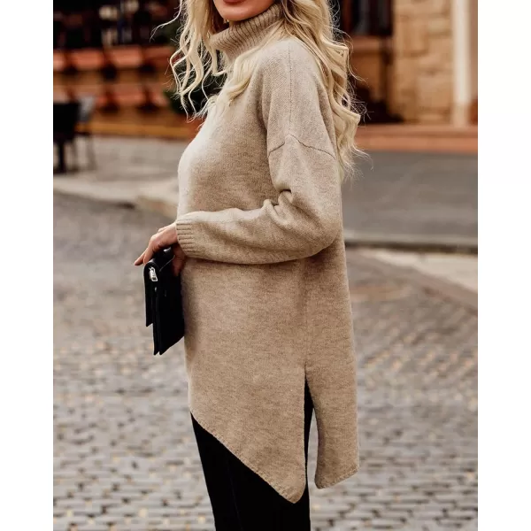 BTFBM Women Long Sleeve Turtleneck Knit Sweater Asymmetric Hem Oversized Fall Winter Sweaters Casual Pullover JumperSolid Apricot