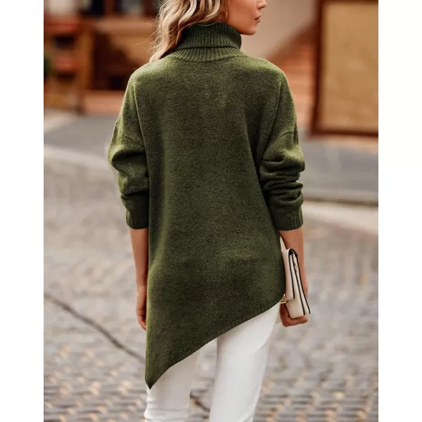 BTFBM Women Long Sleeve Turtleneck Knit Sweater Asymmetric Hem Oversized Fall Winter Sweaters Casual Pullover JumperSolid Army Green
