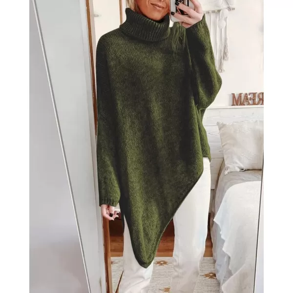 BTFBM Women Long Sleeve Turtleneck Knit Sweater Asymmetric Hem Oversized Fall Winter Sweaters Casual Pullover JumperSolid Army Green