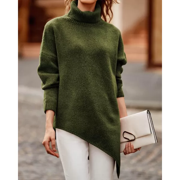 BTFBM Women Long Sleeve Turtleneck Knit Sweater Asymmetric Hem Oversized Fall Winter Sweaters Casual Pullover JumperSolid Army Green