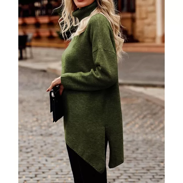 BTFBM Women Long Sleeve Turtleneck Knit Sweater Asymmetric Hem Oversized Fall Winter Sweaters Casual Pullover JumperSolid Army Green