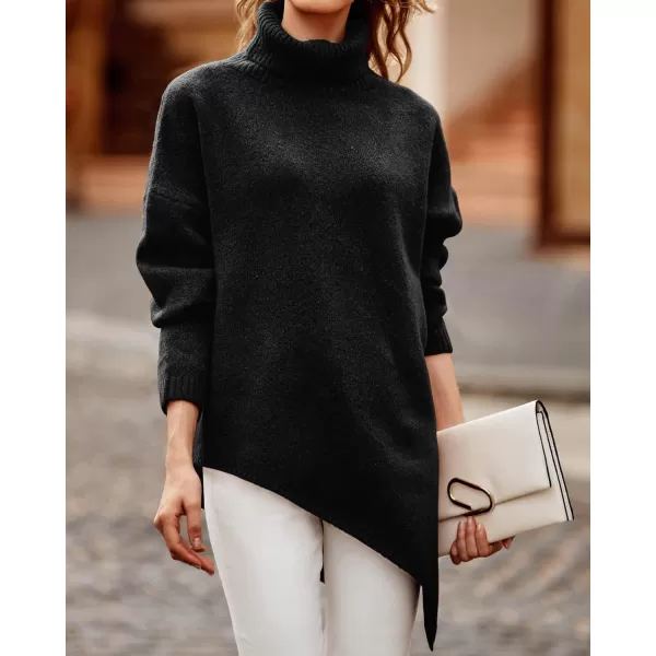 BTFBM Women Long Sleeve Turtleneck Knit Sweater Asymmetric Hem Oversized Fall Winter Sweaters Casual Pullover JumperSolid Black