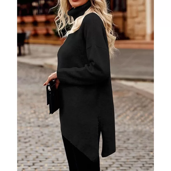 BTFBM Women Long Sleeve Turtleneck Knit Sweater Asymmetric Hem Oversized Fall Winter Sweaters Casual Pullover JumperSolid Black