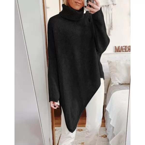 BTFBM Women Long Sleeve Turtleneck Knit Sweater Asymmetric Hem Oversized Fall Winter Sweaters Casual Pullover JumperSolid Black