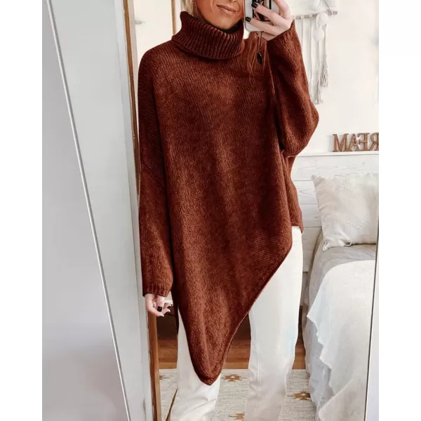 BTFBM Women Long Sleeve Turtleneck Knit Sweater Asymmetric Hem Oversized Fall Winter Sweaters Casual Pullover JumperSolid Brick Red