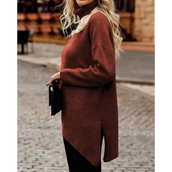 BTFBM Women Long Sleeve Turtleneck Knit Sweater Asymmetric Hem Oversized Fall Winter Sweaters Casual Pullover JumperSolid Brick Red
