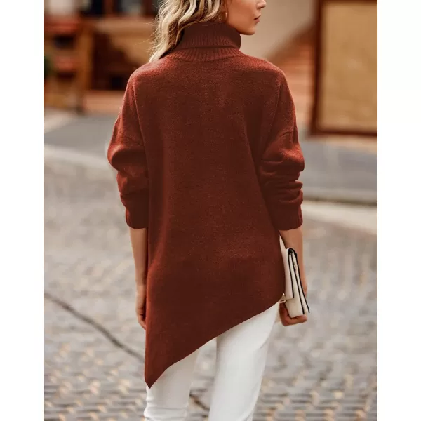 BTFBM Women Long Sleeve Turtleneck Knit Sweater Asymmetric Hem Oversized Fall Winter Sweaters Casual Pullover JumperSolid Brick Red