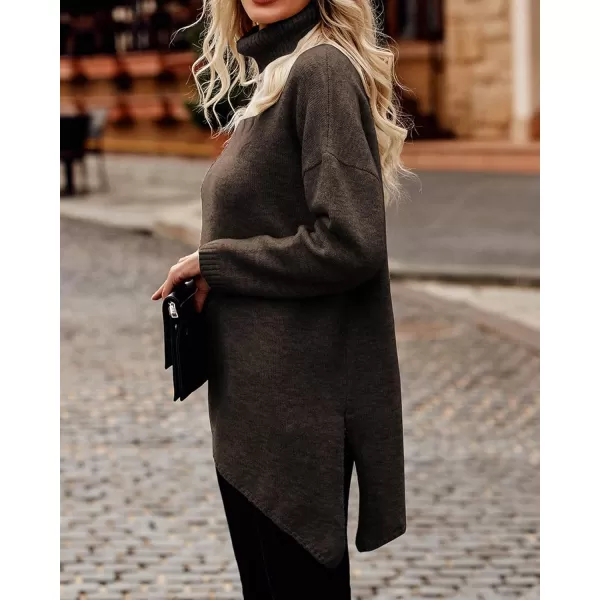 BTFBM Women Long Sleeve Turtleneck Knit Sweater Asymmetric Hem Oversized Fall Winter Sweaters Casual Pullover JumperSolid Coffee