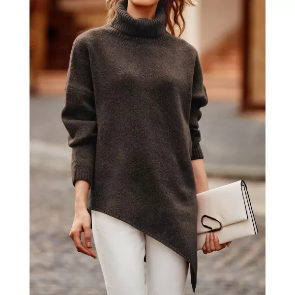 BTFBM Women Long Sleeve Turtleneck Knit Sweater Asymmetric Hem Oversized Fall Winter Sweaters Casual Pullover JumperSolid Coffee