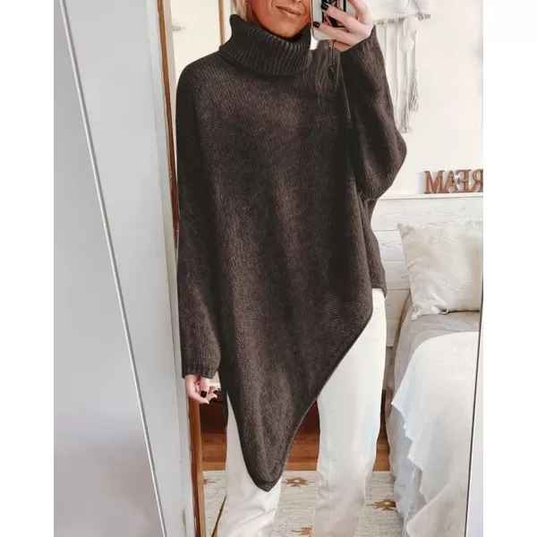 BTFBM Women Long Sleeve Turtleneck Knit Sweater Asymmetric Hem Oversized Fall Winter Sweaters Casual Pullover JumperSolid Coffee
