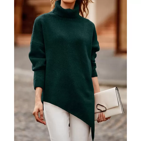 BTFBM Women Long Sleeve Turtleneck Knit Sweater Asymmetric Hem Oversized Fall Winter Sweaters Casual Pullover JumperSolid Dark Green