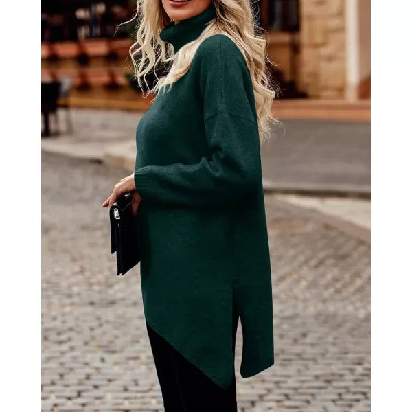 BTFBM Women Long Sleeve Turtleneck Knit Sweater Asymmetric Hem Oversized Fall Winter Sweaters Casual Pullover JumperSolid Dark Green