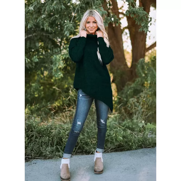 BTFBM Women Long Sleeve Turtleneck Knit Sweater Asymmetric Hem Oversized Fall Winter Sweaters Casual Pullover JumperSolid Dark Green