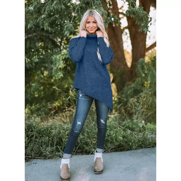 BTFBM Women Long Sleeve Turtleneck Knit Sweater Asymmetric Hem Oversized Fall Winter Sweaters Casual Pullover JumperSolid Lake Blue