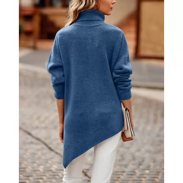BTFBM Women Long Sleeve Turtleneck Knit Sweater Asymmetric Hem Oversized Fall Winter Sweaters Casual Pullover JumperSolid Lake Blue