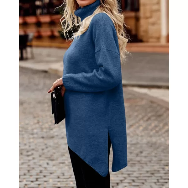 BTFBM Women Long Sleeve Turtleneck Knit Sweater Asymmetric Hem Oversized Fall Winter Sweaters Casual Pullover JumperSolid Lake Blue