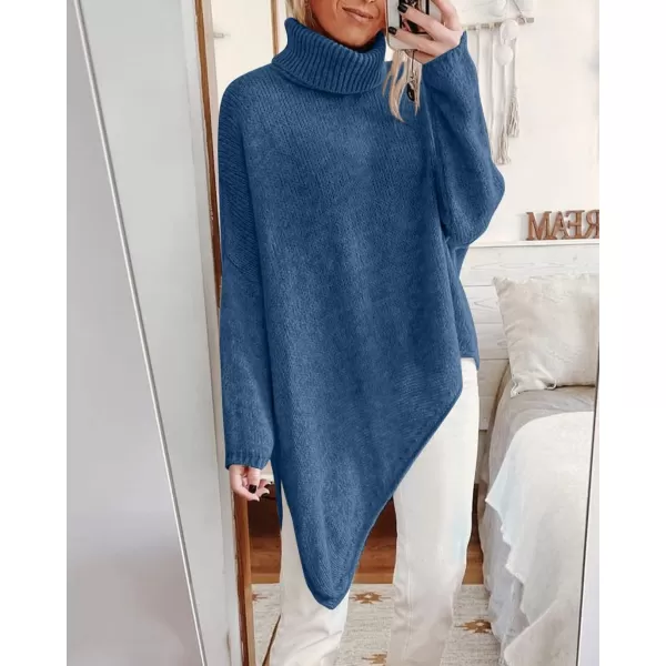BTFBM Women Long Sleeve Turtleneck Knit Sweater Asymmetric Hem Oversized Fall Winter Sweaters Casual Pullover JumperSolid Lake Blue