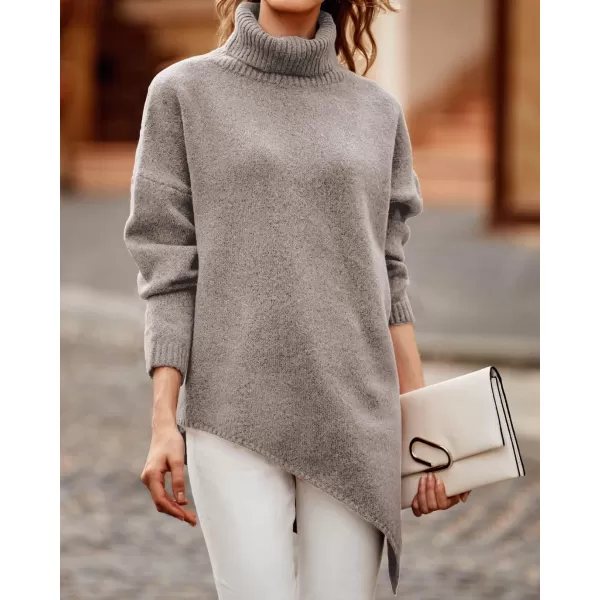 BTFBM Women Long Sleeve Turtleneck Knit Sweater Asymmetric Hem Oversized Fall Winter Sweaters Casual Pullover JumperSolid Light Khaki