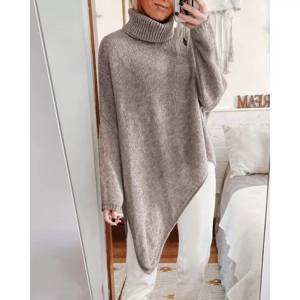 BTFBM Women Long Sleeve Turtleneck Knit Sweater Asymmetric Hem Oversized Fall Winter Sweaters Casual Pullover JumperSolid Light Khaki