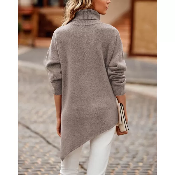 BTFBM Women Long Sleeve Turtleneck Knit Sweater Asymmetric Hem Oversized Fall Winter Sweaters Casual Pullover JumperSolid Light Khaki