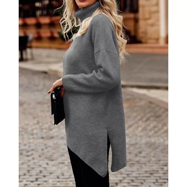 BTFBM Women Long Sleeve Turtleneck Knit Sweater Asymmetric Hem Oversized Fall Winter Sweaters Casual Pullover JumperSolid Mid Grey