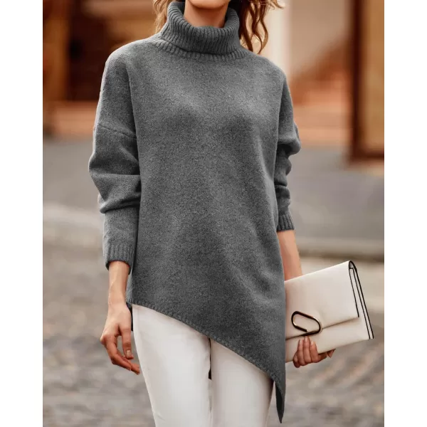 BTFBM Women Long Sleeve Turtleneck Knit Sweater Asymmetric Hem Oversized Fall Winter Sweaters Casual Pullover JumperSolid Mid Grey