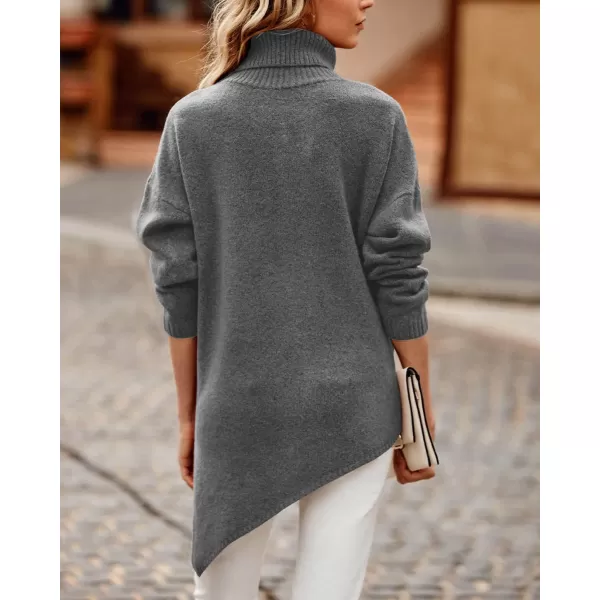 BTFBM Women Long Sleeve Turtleneck Knit Sweater Asymmetric Hem Oversized Fall Winter Sweaters Casual Pullover JumperSolid Mid Grey