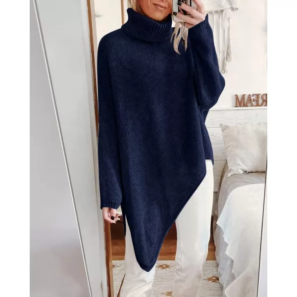 BTFBM Women Long Sleeve Turtleneck Knit Sweater Asymmetric Hem Oversized Fall Winter Sweaters Casual Pullover JumperSolid Navy