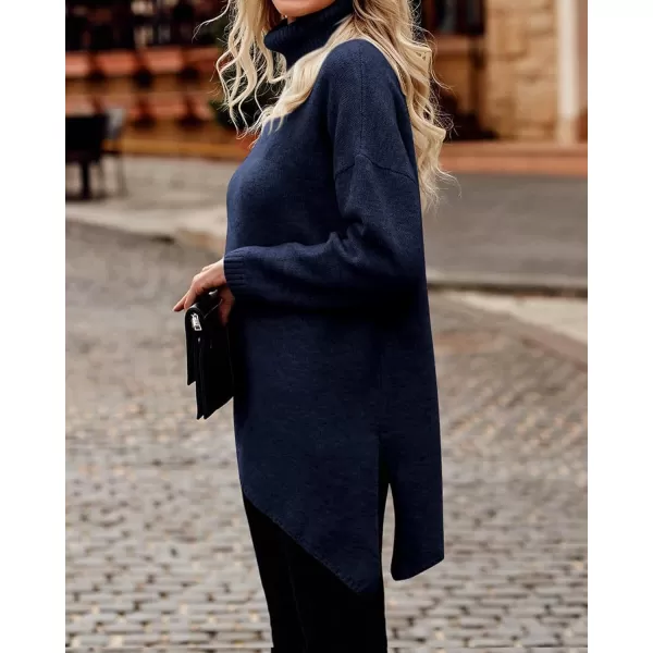 BTFBM Women Long Sleeve Turtleneck Knit Sweater Asymmetric Hem Oversized Fall Winter Sweaters Casual Pullover JumperSolid Navy