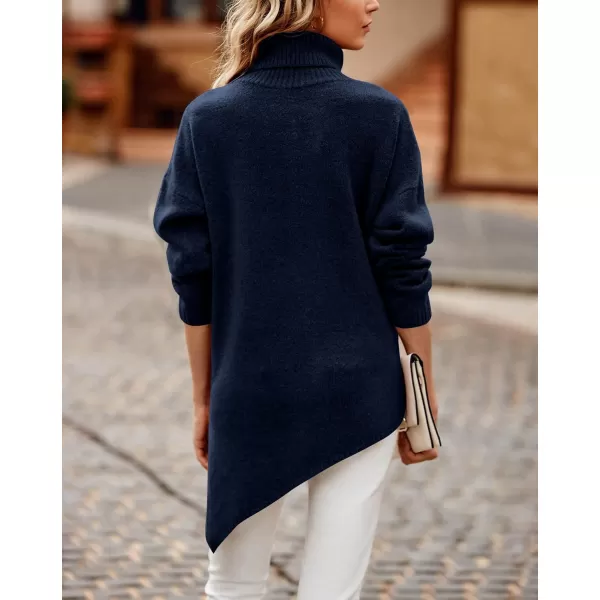 BTFBM Women Long Sleeve Turtleneck Knit Sweater Asymmetric Hem Oversized Fall Winter Sweaters Casual Pullover JumperSolid Navy